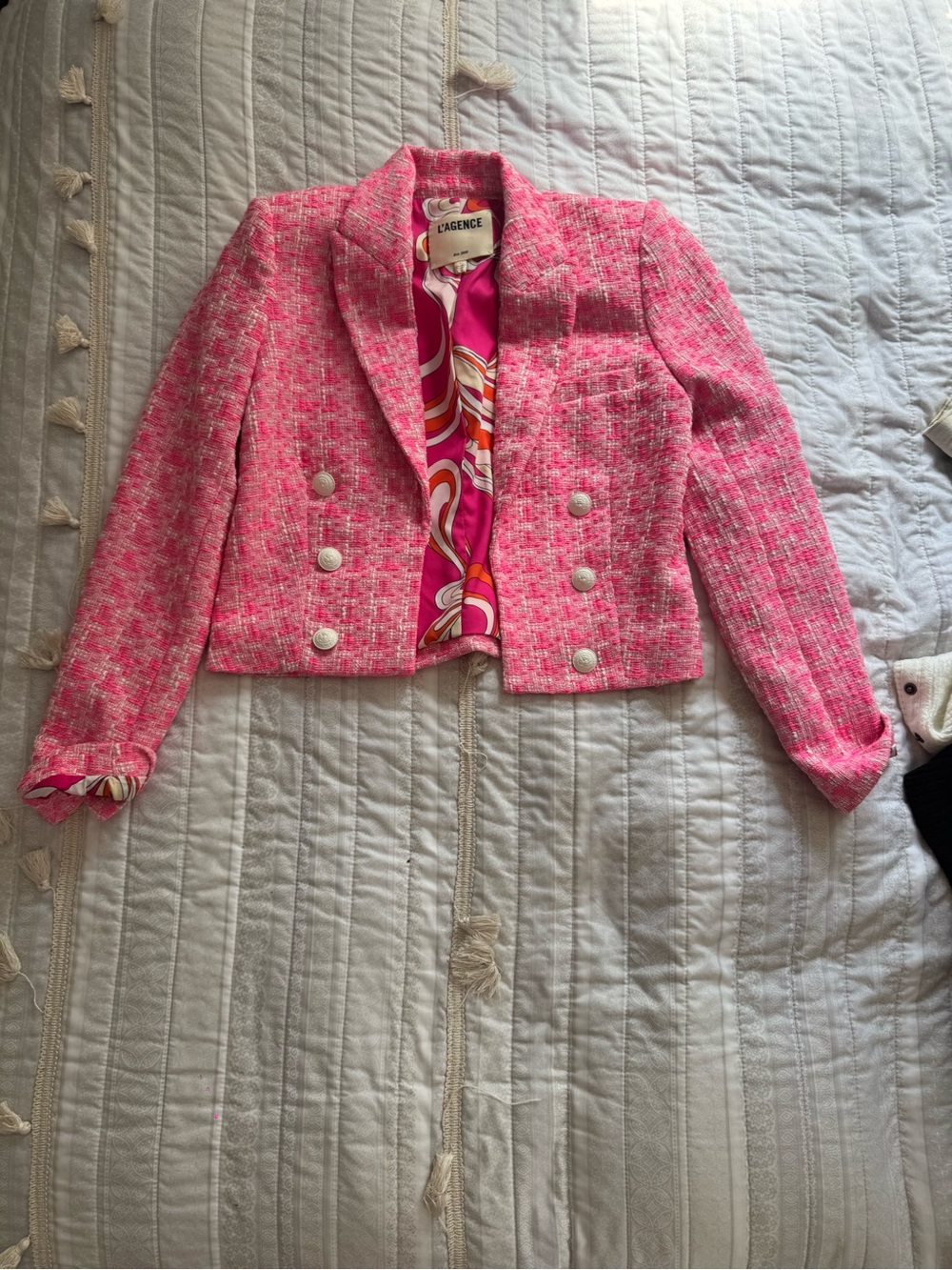 L'AGENCE Hot Pink Tweed Cropped Double-Breasted Blazer